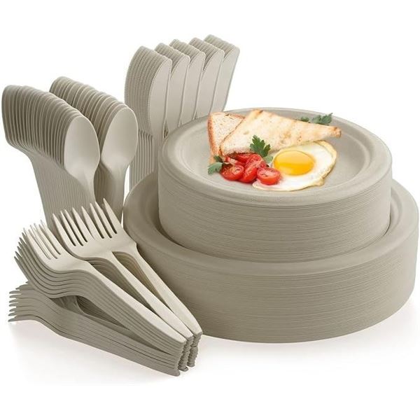 250PC Disposable Paper Plate/Cutlery Dinnerware Set - Includes Plates, Forks, Knives, Spoons - NEW