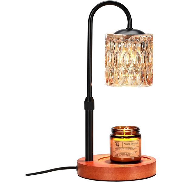Electric Candle Warmer Lamp w/ Glass Shade & Walnut Wood Base, 2x Bulbs Included, Adjustable Height