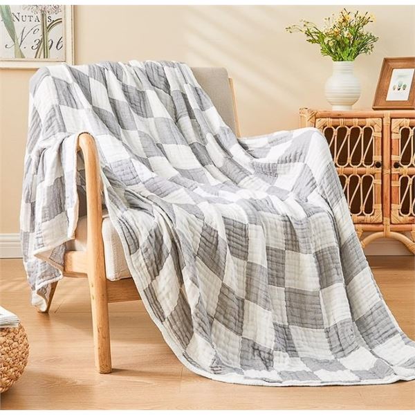 Emme Cotton Checkered Throw Blanket (50" x 60") All-Season Lightweight Blanket (Grey/White) New