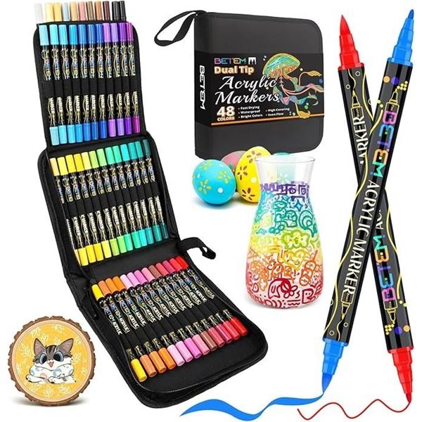 Betem 48-Colors Dual-Tip Acrylic Art Markers/Paint Pens - Fast Drying, Bright Colours - NEW