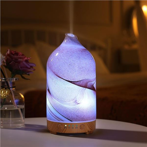 Glass Ultrasonic Aromatherapy Diffuser (120ml) with 7-Color Changing LED Lights & Wood Base - New!