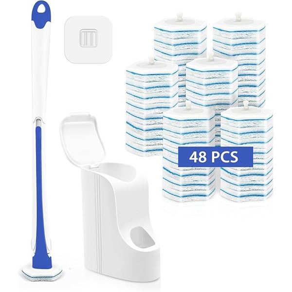 Wall-Mounted Toilet Brush Holder Set w/ Disposable Heads (48PCS Wand Refills Included) - New