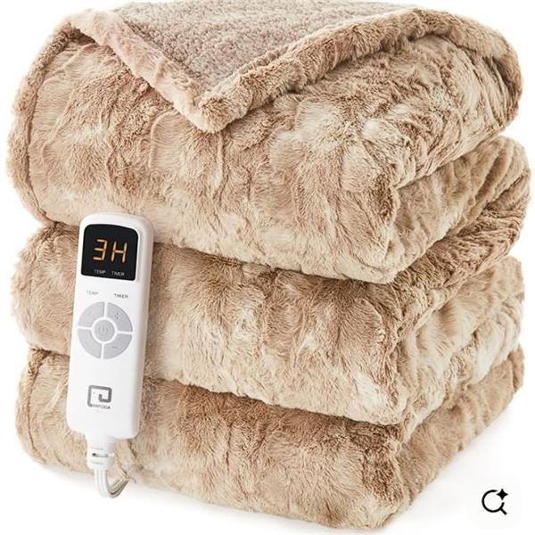 Electric Heated Blanket - Twin Size (62" x 84") 6 Heating Levels; Faux Fur & Sherpa (Camel) - New