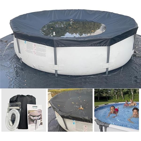 24FT Large Round Pool Cover (Black) for Above Ground Pools ; Easy Install, w/ Automatic Drain - New