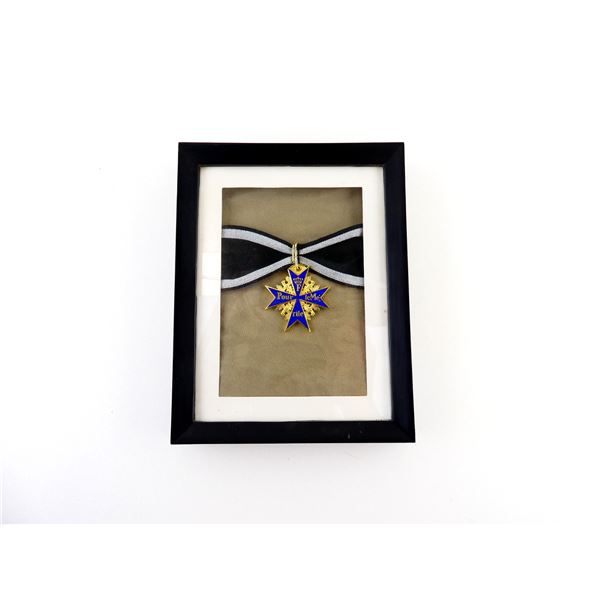 FRAMED REPRODUCTION GERMAN BLUE MAX MEDAL WITH RIBBON
