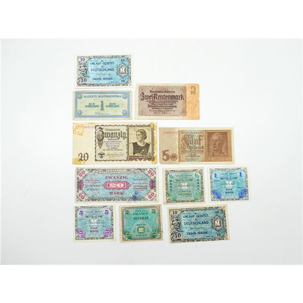 ASSORTED WWII GERMAN / FRENCH / AUSTRIAN / GERMANY ALLIED MILITARY BANK NOTE LOT