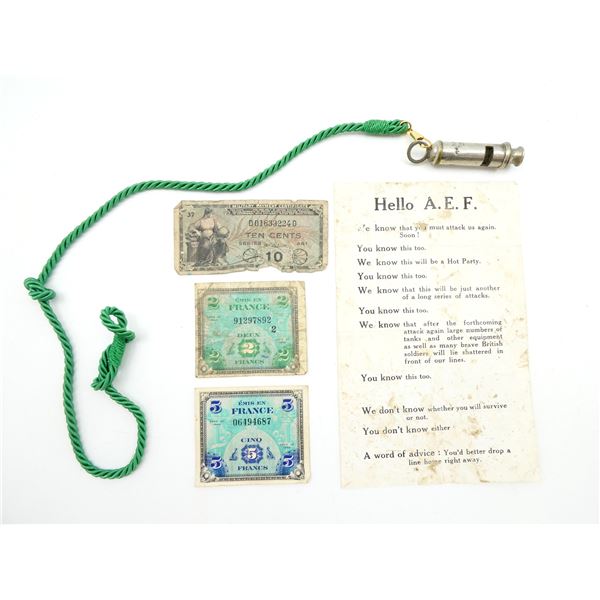ASSORTED MILITARY BANK NOTES, WHISTLE AND LEAFLET LOT