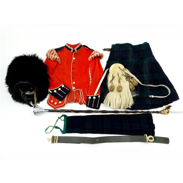 CANADIAN MILITARY BLACK WATCH BEARSKIN CAP, KILT, TUNIC, MACE, ETC. UNIFORM LOT