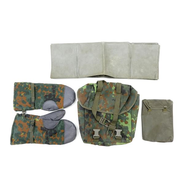 GERMAN BUNDESWEHR GAS SHEET, WINTER MITTS AND FIELD PACK LOT
