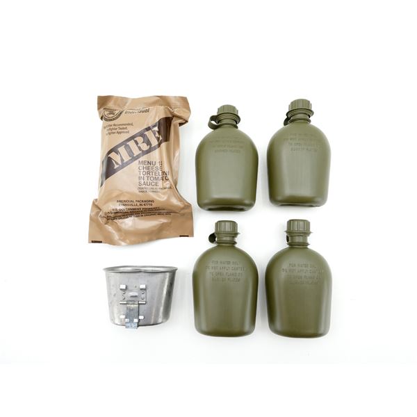 ASSORTED U.S. MILITARY CANTEENS, MRE AND CUP LOT