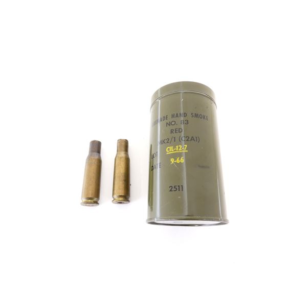 U.S. MILITARY .50 CAL. BRASS CASINGS AND SMOKE GRENADE TIN LOT