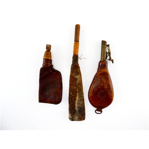 ASSORTED VINTAGE LEATHER SHOT / POWDER FLASK LOT