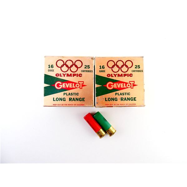 COLLECTIBLE ASSORTED GEVELOT OLYMPIC 16 GAUGE 2 3/4" SHOT SHELL AMMO LOT