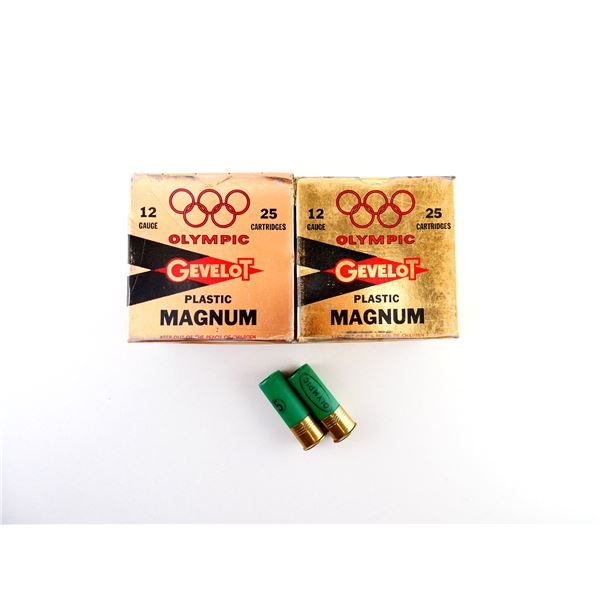 COLLECTIBLE ASSORTED GEVELOT OLYMPIC 12 GAUGE 2 3/4" MAG SHOT SHELL AMMO LOT
