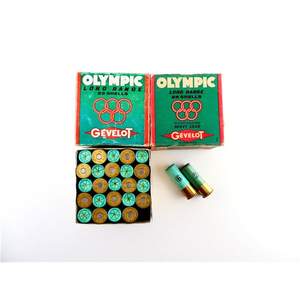 COLLECTIBLE ASSORTED GEVELOT OLYMPIC 12 GAUGE 2 3/4' SHOT SHELL AMMO LOT