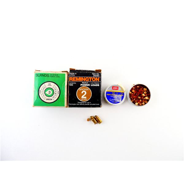 ASSORTED CCI NO. 11 PERCUSSION CAPS AND ASSORTED REMINGTON / OLIN .22 CALIBER POWER LOADS FOR TOOLS 
