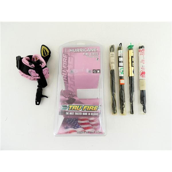 TRU-FIRE HURRICANE PINK SERIES HYBRID ARROW RELEASE AND ASSORTED BOW STRINGS LOT