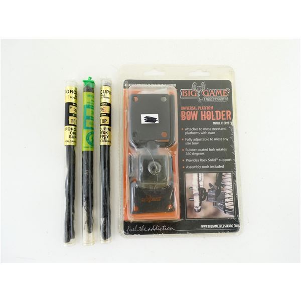 ASSORTED PORCUPINE AND MARTIN PRO BOWSTRINGS AND BIG GAME UNIVERSAL PLATFORM BOW HOLDER LOT