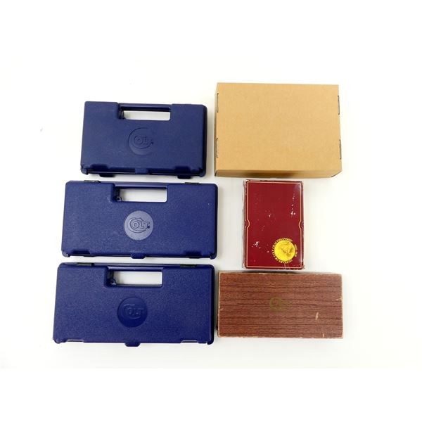ASSORTED COLT HARD NON-PADDED HAND GUN CASES AND BOXES ETC. LOT