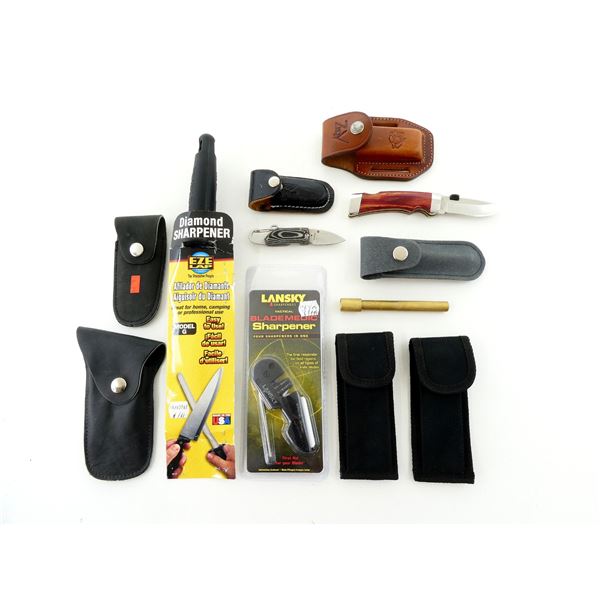 KATZ FOLDING KNIFE & ASSORTED SHEATHS, ETC. LOT