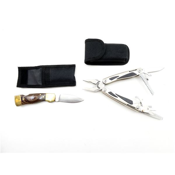 UNKNOWN SKINNING/HUNTING KNIFE & MULTI-PLIER LOT