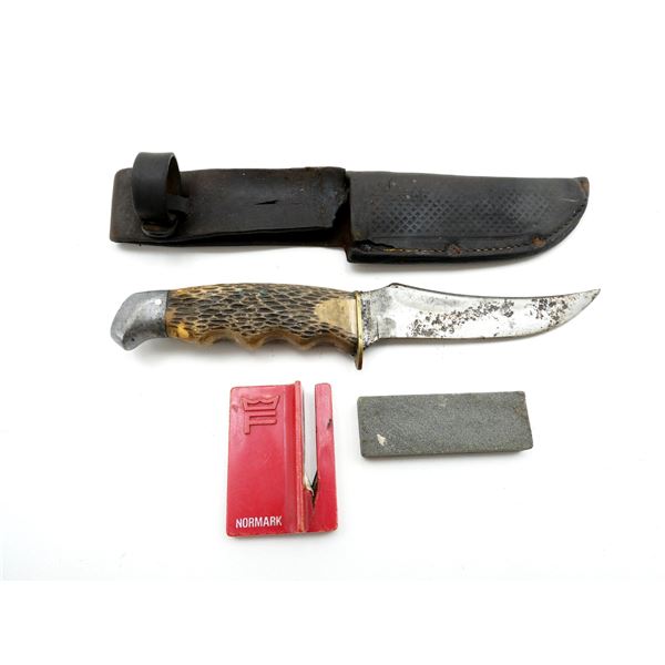 SCHRADE WALDEN HUNTING/SKINNING KNIFE WITH SHEATH AND KNIFE SHARPENER LOT