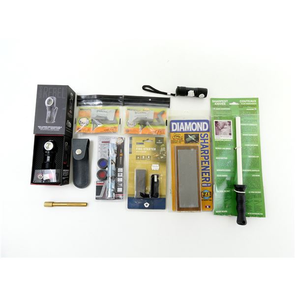 ASSORTED FIRE STARTER, LIGHTS, KNIFE SHARPENER, ETC. LOT