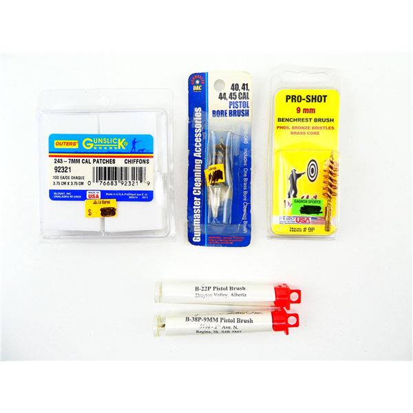 ASSORTED PISTOL BORE BRUSH AND CLEANING PATCHES LOT