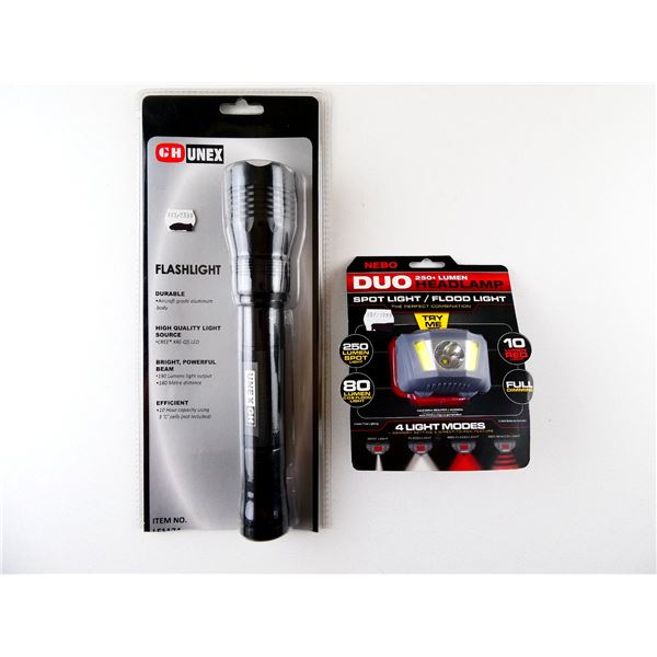 GH UNEX FLASHLIGHT AND NEBO DUO SPOTLIGHT / FLOODLIGHT HEADLAMP LOT