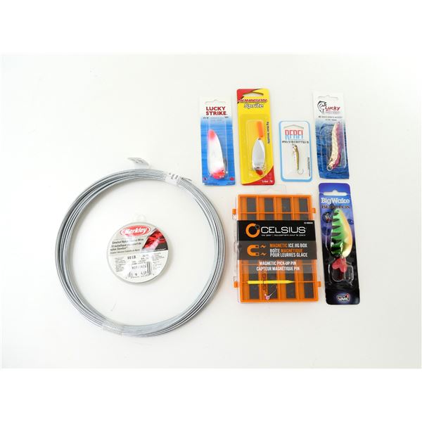 STEEL CABLE, MAGNETIC JIG BOX, BERKLEY, LUCKY STRIKE, BLUE FOX, JOHNSON ETC. LOT