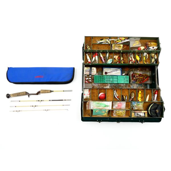 TACKLE TOOL BOX, ASSORTED FISHING LURE, TRAVEL FISHING ROD LOT