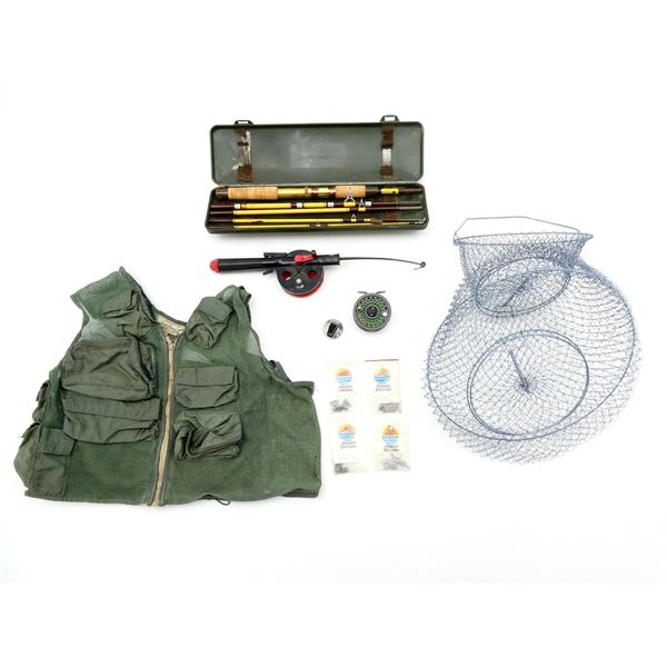 FISHING VEST, COLLAPSIBLE NET & FISHING RODS, ETC. LOT