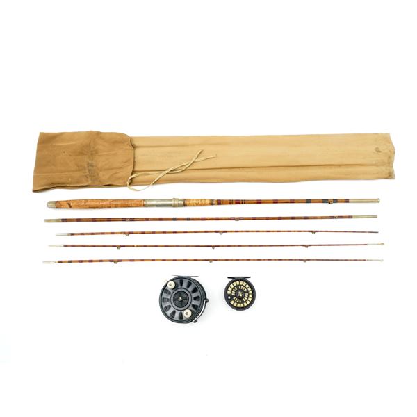 BAMBOO FISHING ROD WITH CASE & ASSORTED FLY REELS LOT