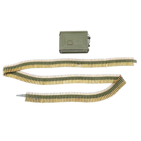 U.S. MILITARY .30-06 SPRG TRACERS AND AR AMMO ON BELT WITH STARTER TAB IN METAL AMMO TIN LT