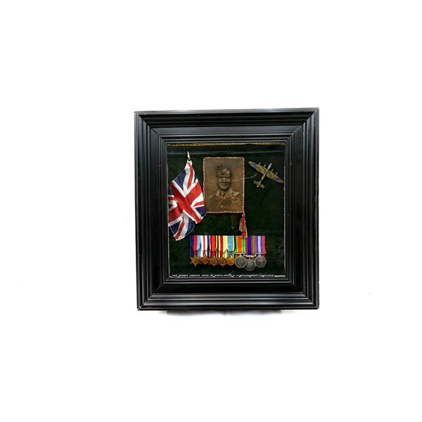 FRAMED WWII CANADIAN BOMBER COMMAND 8 MEDAL GROUP WITH MEMORIAL PLAQUE LOT