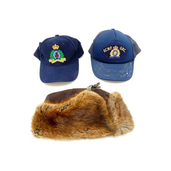 RCMP BASEBALL CAPS AND MUSKRAT FUR HAT LOT