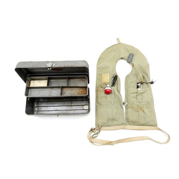 ANTIQUE METAL TACKLE BOX WITH FISHING VEST LOT