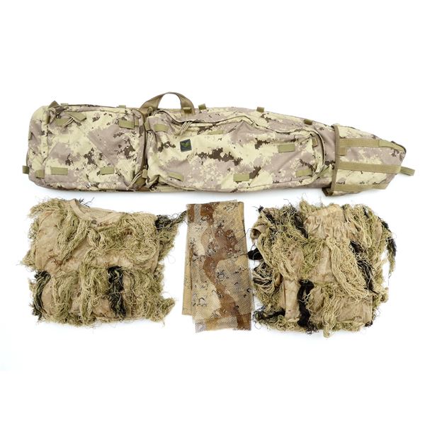 CANADIAN CUSTOM CADPAT AIRID DRAG BAG, USMC DESERT CAMO GHILLIE SUIT AND CAMO COVER SNIPER SET