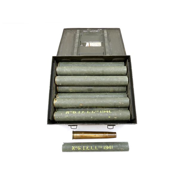 WWII CANADIAN / BRITISH 40MM BOFORS METAL AMMO CRATE WITH BRASS CASINGS AND TUBES LOT