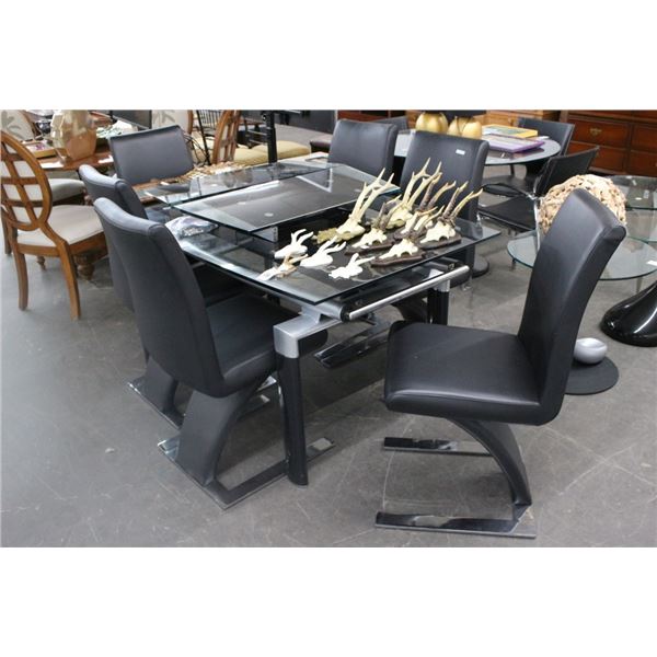 Contemporary Black/Grey Glass Top Dining Table w/2 Leaves, 6 Black Chrome Base Padded Chairs