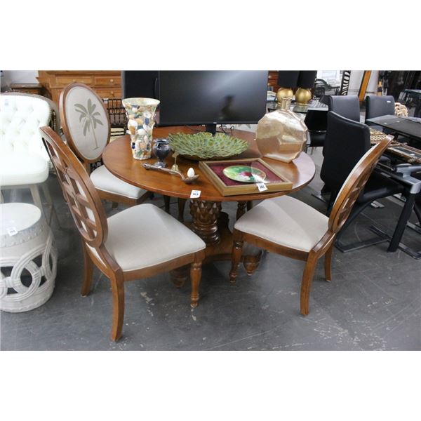 Mahogany Pedestal Round Dining Table w/4 Palm Motif Padded Chairs