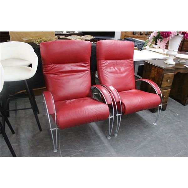 Contemporary Red Leather Reclining Chairs - Pair