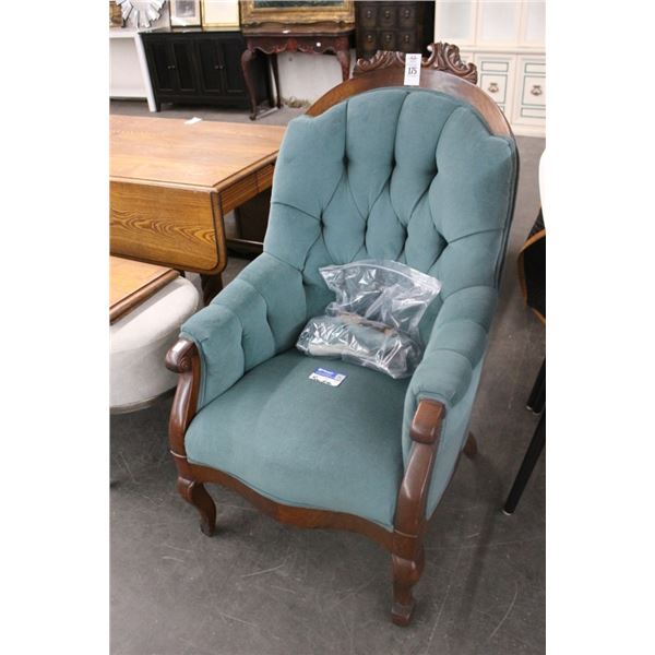 Teal Cloth Tufted Mahogany Chair - Slight Damage