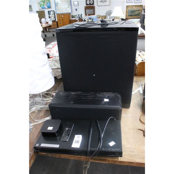 Sony Blue Ray Disc Player, Apple TV Unit, Sub Woofers