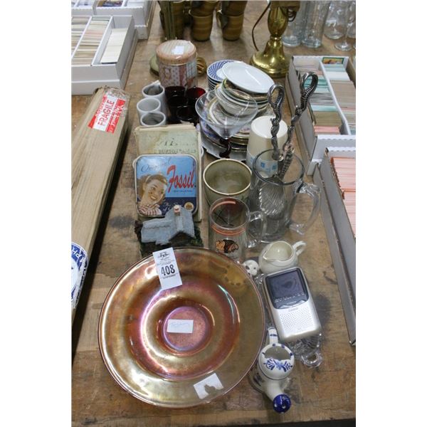 Carnival Glass Bowl, Portable Radio, Alabaster Mugs, China, Vintage Tins, More