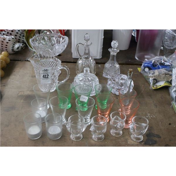 Asst. Colored Shot Glasses, Decanters, Candle, Pitcher, Bowl