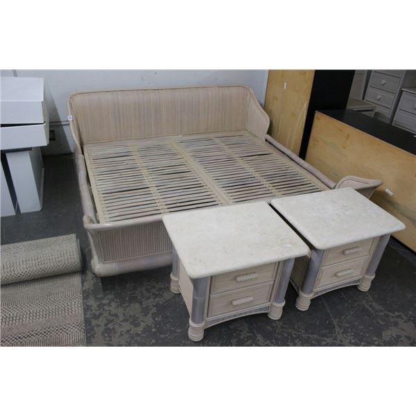Pickled Oak Sleigh Bed w/Nightstands