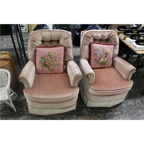 Maroon Tufted Swivel Chairs, Floral Needlepoint Pillows