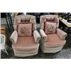 Image 1 : Maroon Tufted Swivel Chairs, Floral Needlepoint Pillows