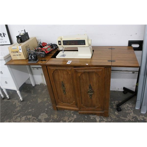 Singer Touch Tronic 2010 Sewing Machine w/Burl Workstation Cabinet/Supplies